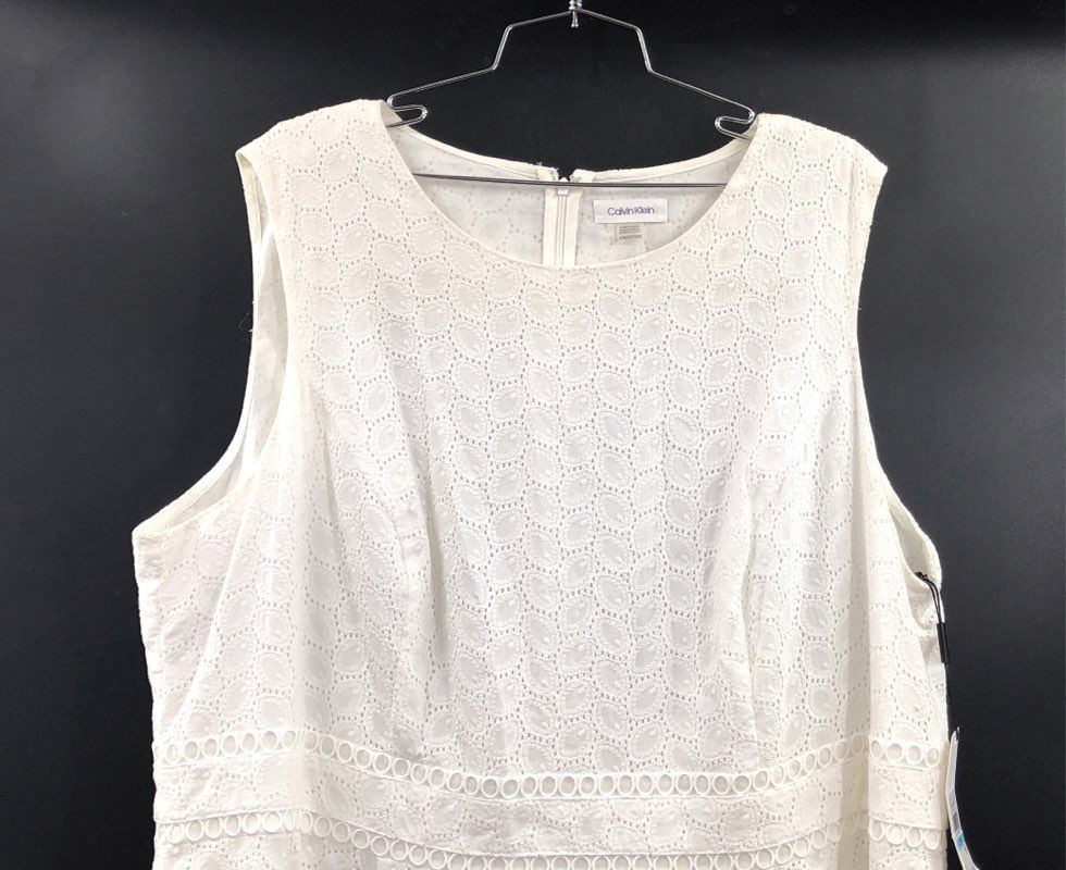 Calvin Klein Women's White Eyelet Cotton Sleeveless Dress Ladder Lace Sz 20W NWT