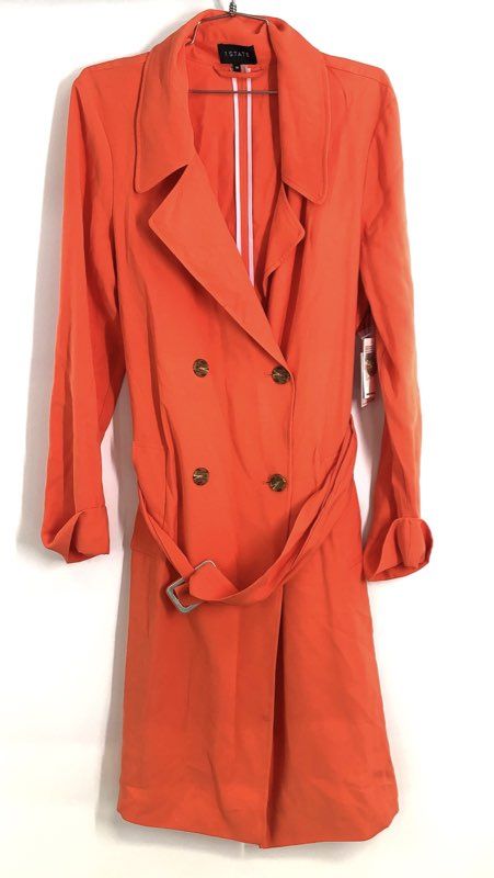 1.STATE Women's Papaya Orange Poetic Punch Belted Trench Coat Jacket Sz 10 NWT