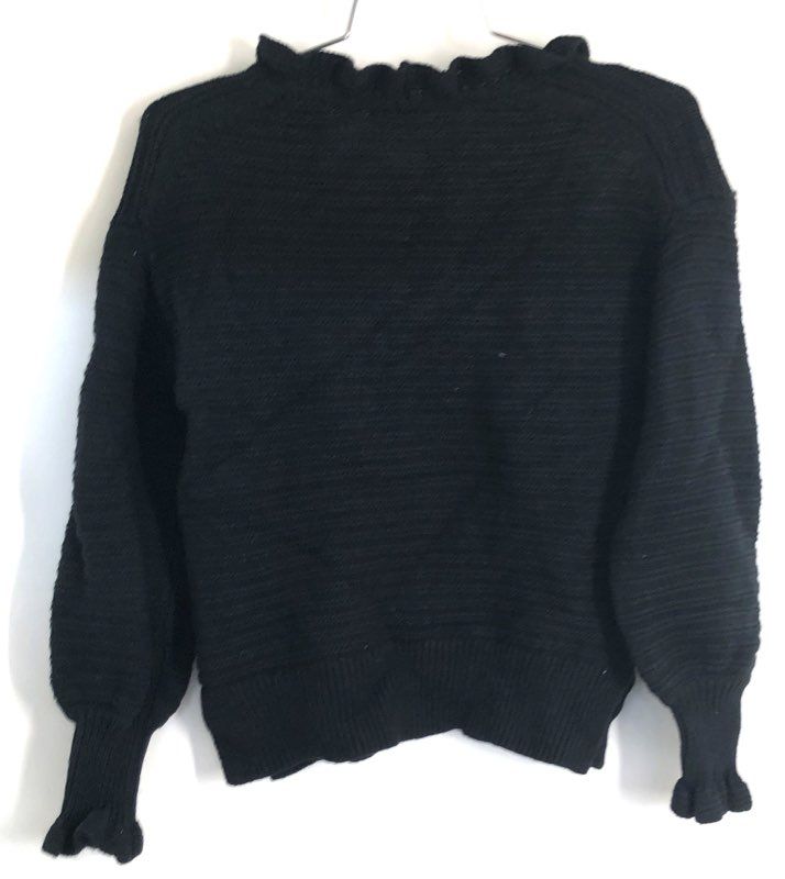 Madewell Women's Black Ruffle Neck Merino Wool Blend Textured Sweater Size XS