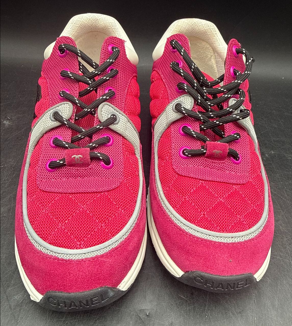 Chanel Inspired Women's Fuchsia Pink/Silver/White CC Logo Sneakers - Size 41