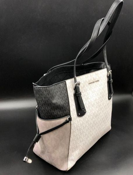 Michael Kors Gilly Multicolor Signature Canvas Drawstring Tote Bag Silver COA