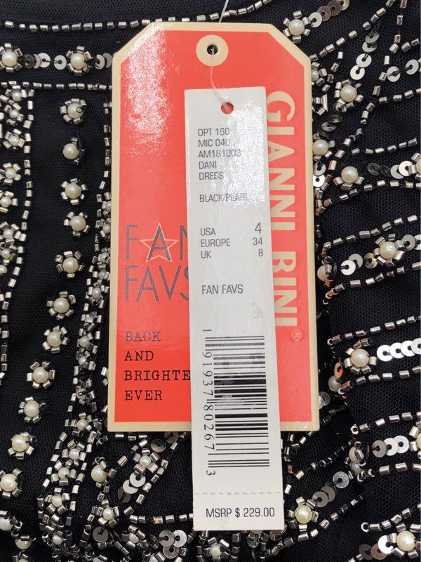 Gianni Bini Women's Dani Pearl Dress Black Beaded Sequin Mini Sz 4 NWT