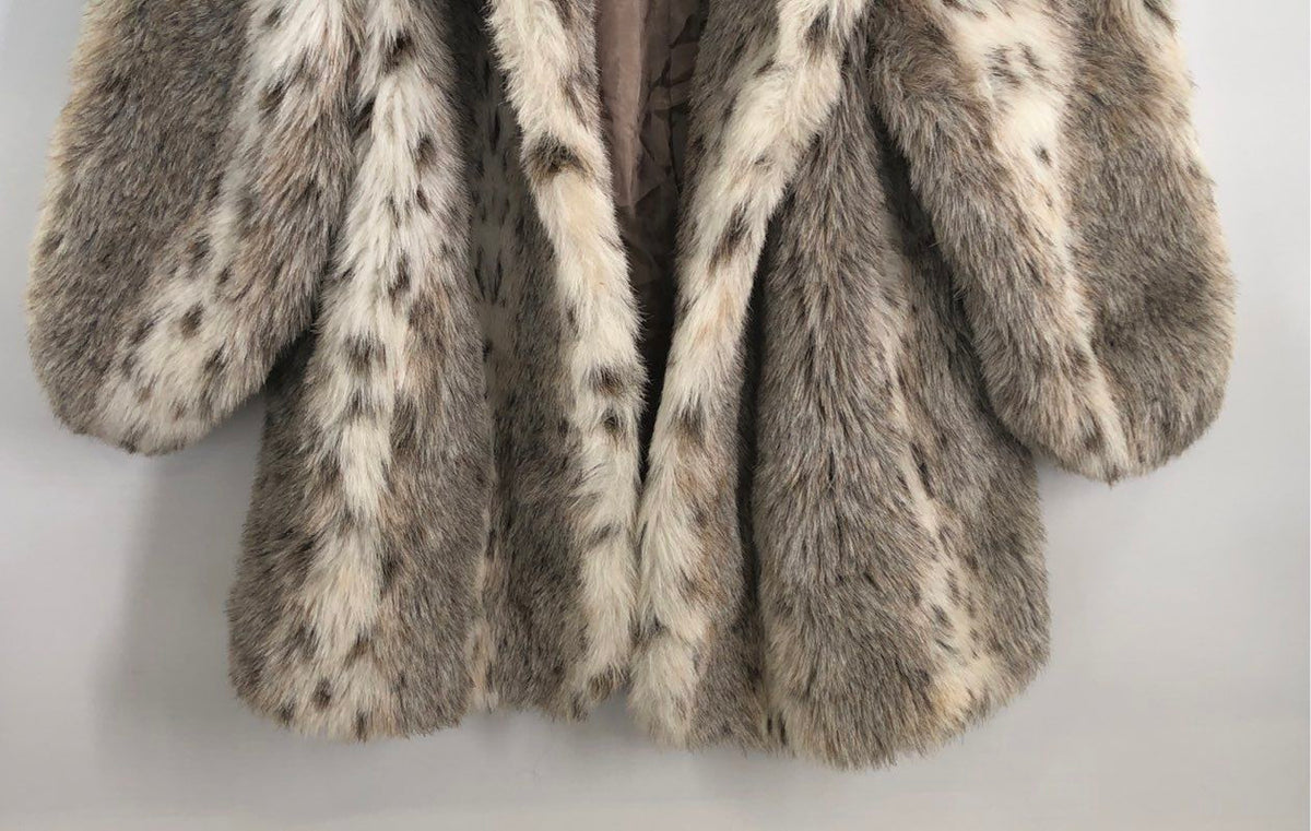 Lady Suzette Women's Faux Fur Coat Grey Tan Spotted Vintage 70s Made in USA