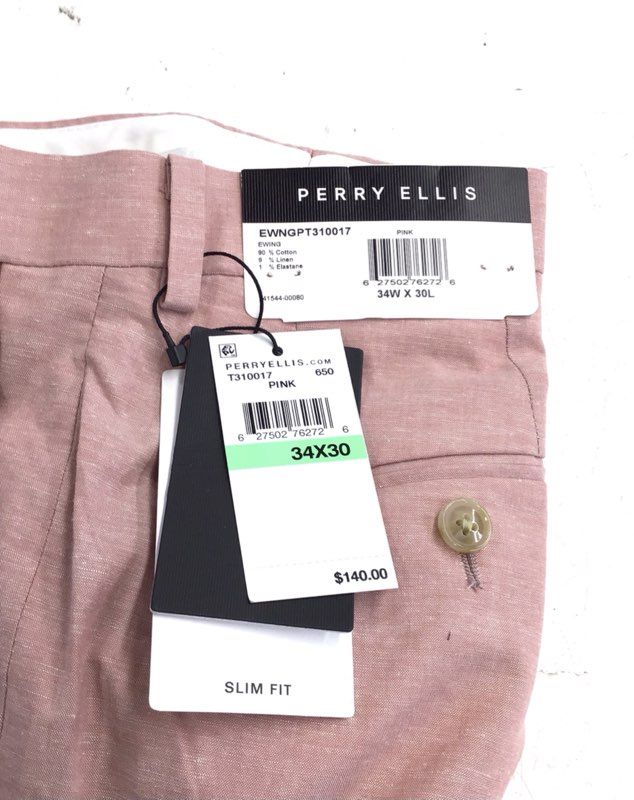 NWT Perry Ellis Men's Pink Slim Fit Straight Leg Dress Pant - Size 34X30