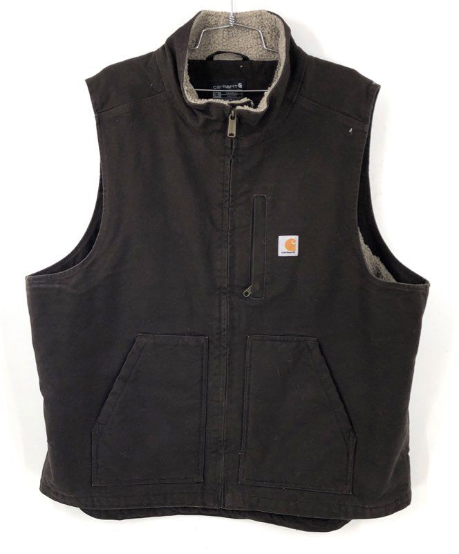 Carhartt Men's Washed Duck Sherpa Lined Work Vest Dark Brown Mock Neck Sz XL