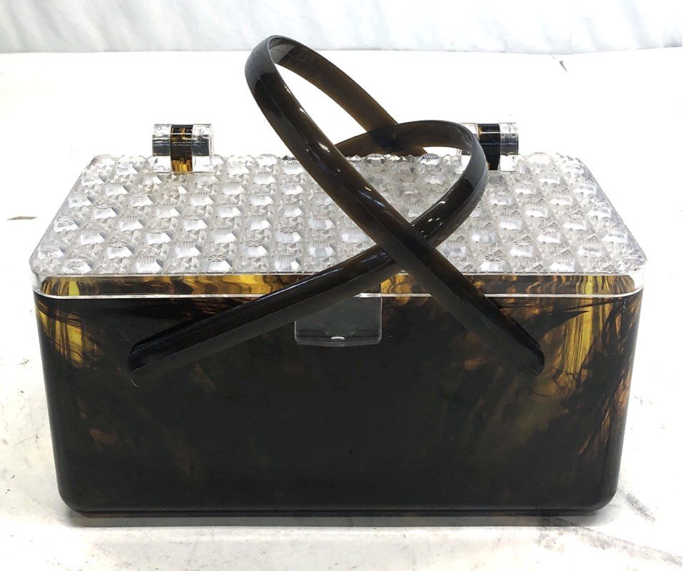 Vintage 60s Lucite Box Bag Tortoiseshell Marbled Clear Faceted Lid Handbag