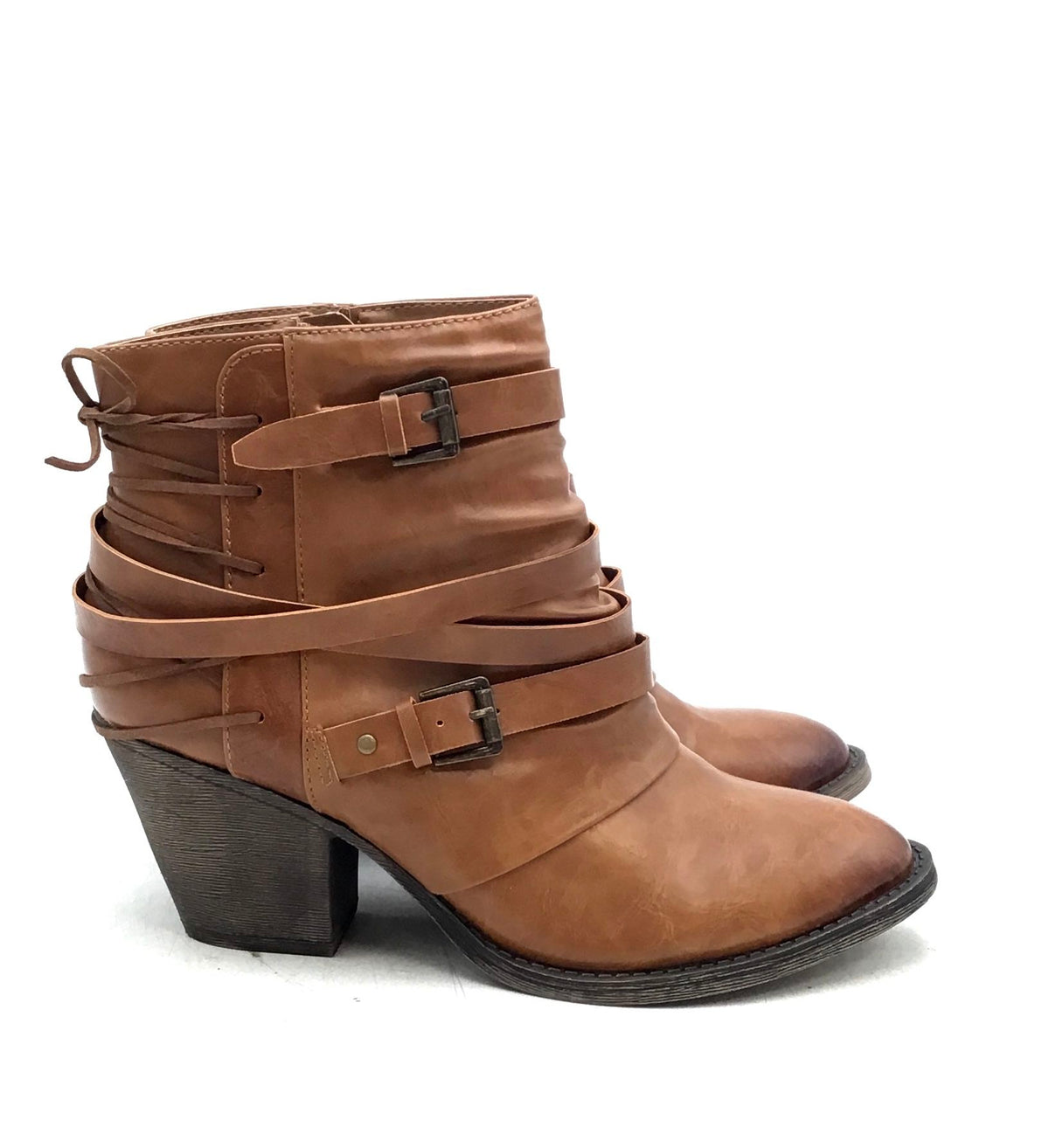 Pop Women&#39;s Brown Almond Toe Side Zip Block Heel Ankle Booties - Size 10M