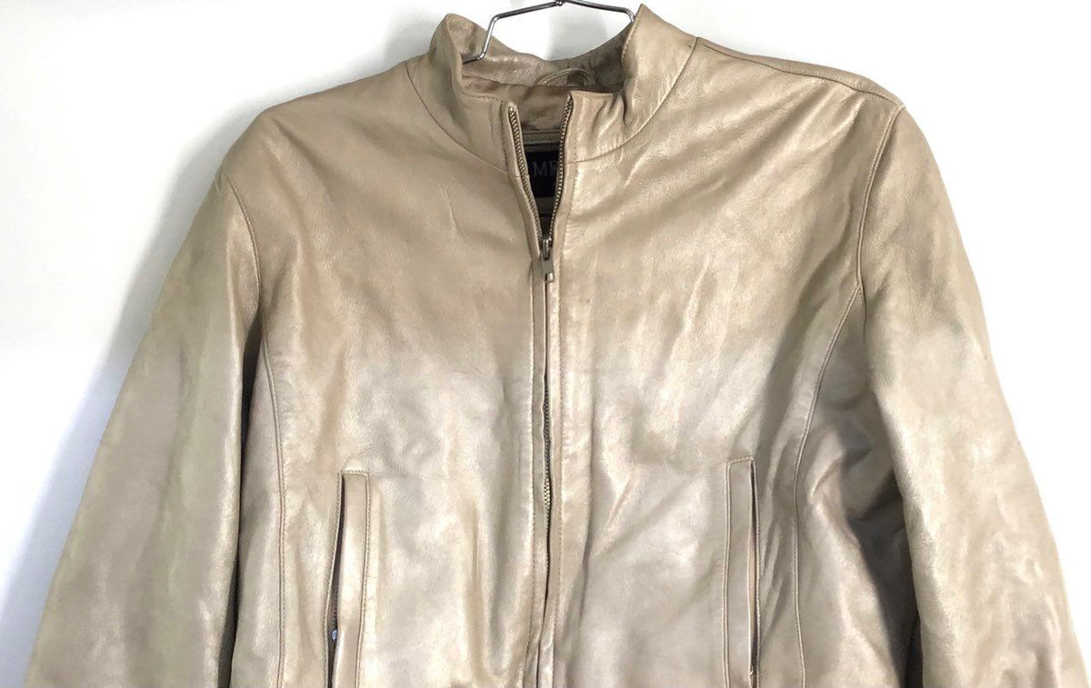 Vintage Y2K Ambition New York Women's Leather Jacket Tan Full Zip Cropped M