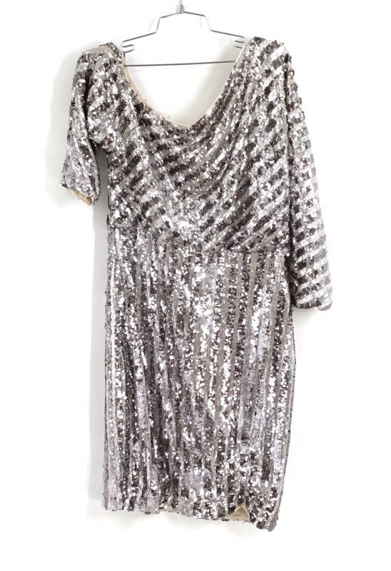 NWT Badgley Mischka Women&#39;s Silver One Shoulder Sequin Sheath Dress - Size 14