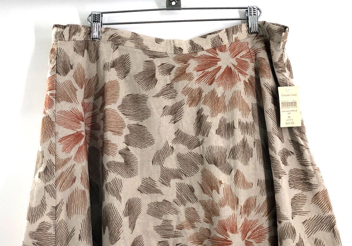 Coldwater Creek Women's Embroidered Floral Linen Blend A-Line Midi Skirt PL NWT