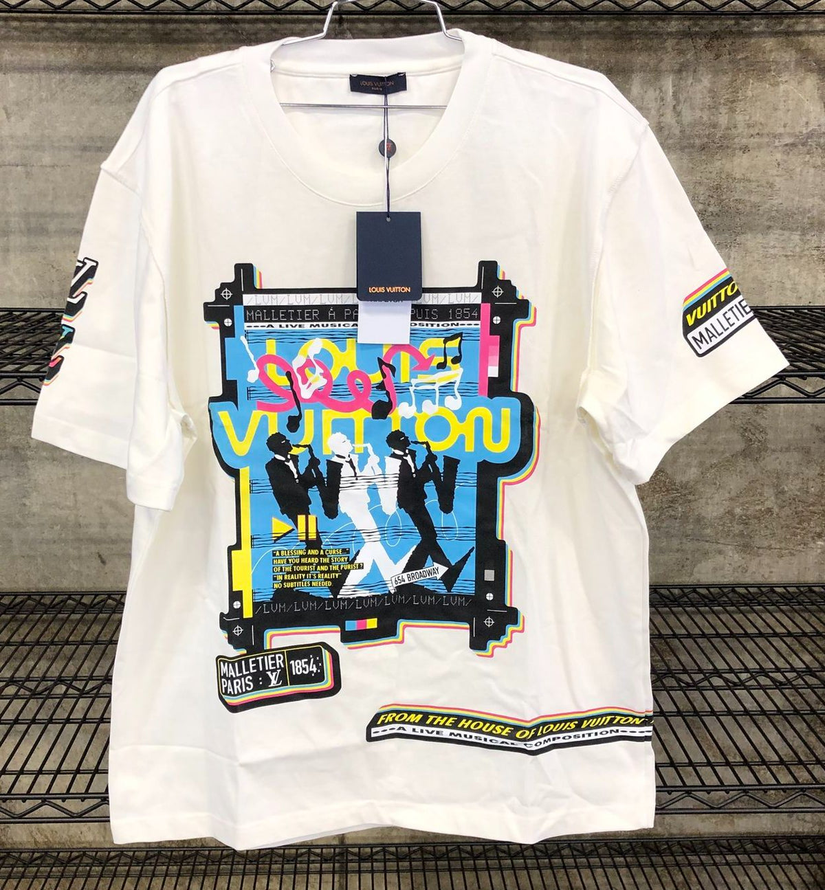 Louis Vuitton Inspired Men's White/Multicolor LV Jazz Flyers T-shirt - Size 2XL