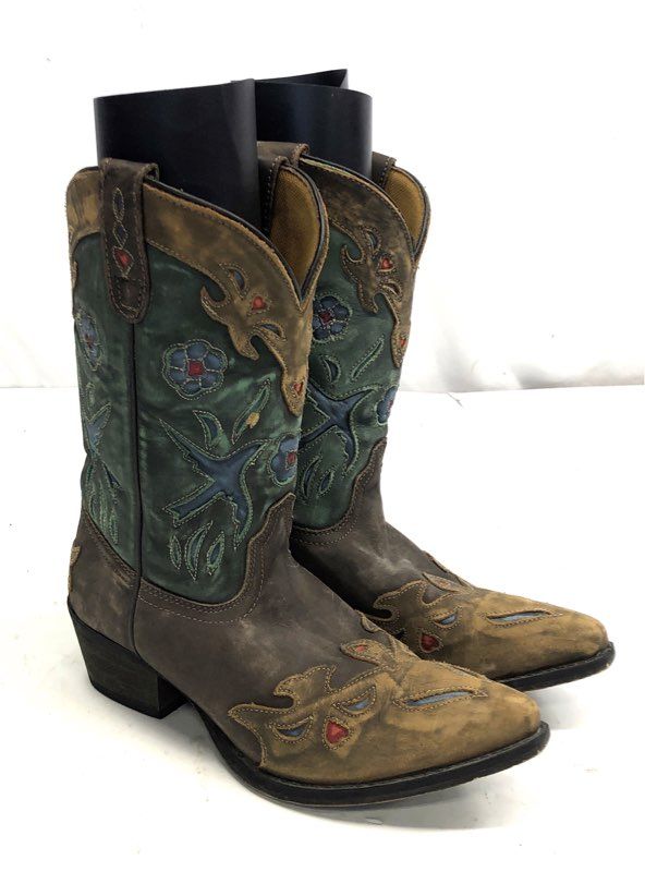 Dan Post Liberty Bird Brown Green Distressed Western Cowboy Boots Youth Size 5.5