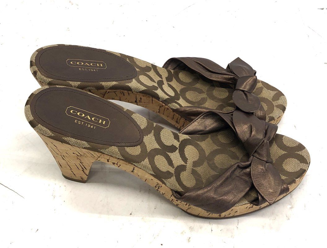 Coach Karen Signature Jacquard Metallic Bronze Wedge Heel Sandals Size 10B