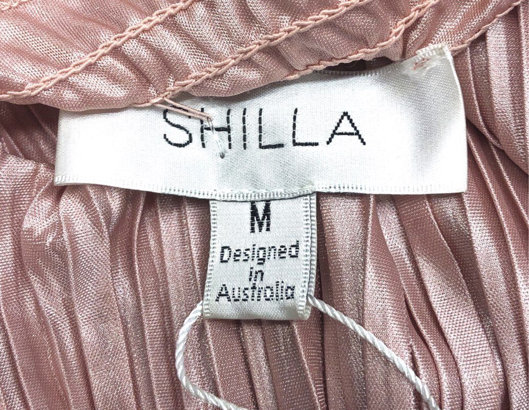 SHILLA the Label Women's Rose Gold Illume Pleat Maxi Dress Smocked Sz M NWT