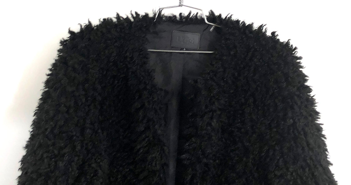 UGG Women's Black Kianna Faux Fur Shaggy Open Front Cropped Jacket Sz L