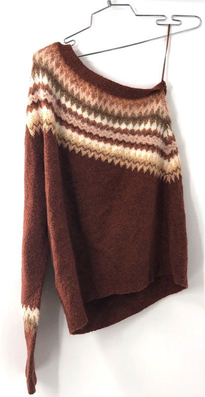 NWT Anthropologie Women's Fair Isle One Shoulder Sweater Honey Alpaca Blend XL