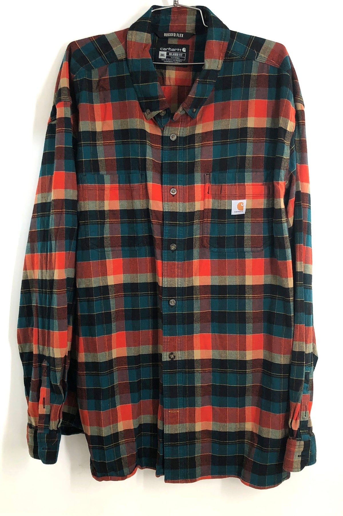 Carhartt Men's Rugged Flex Relaxed Fit Orange Navy Plaid Shirt 3XL