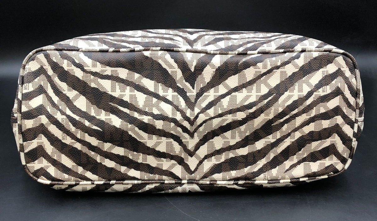 Michael Kors Cream White/Brown Signature Zebra Print Tote w/ Leather Trim (+COA)