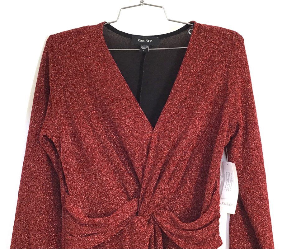 Karen Kane Women's All That Shines Twist Front Metallic Red Dress NWT Sz L