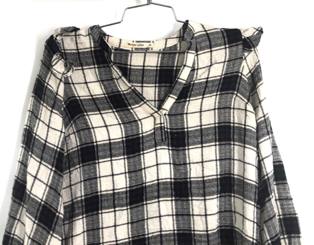 Marine Layer Women's Black White Plaid Ruffle V-Neck Long Sleeve Blouse Sz XS