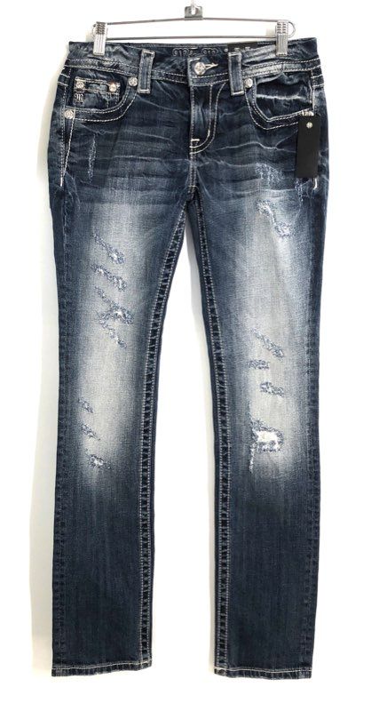 Miss Me Women's Blue Distressed Embellished Straight Leg Jeans Sz 27x33 NWT