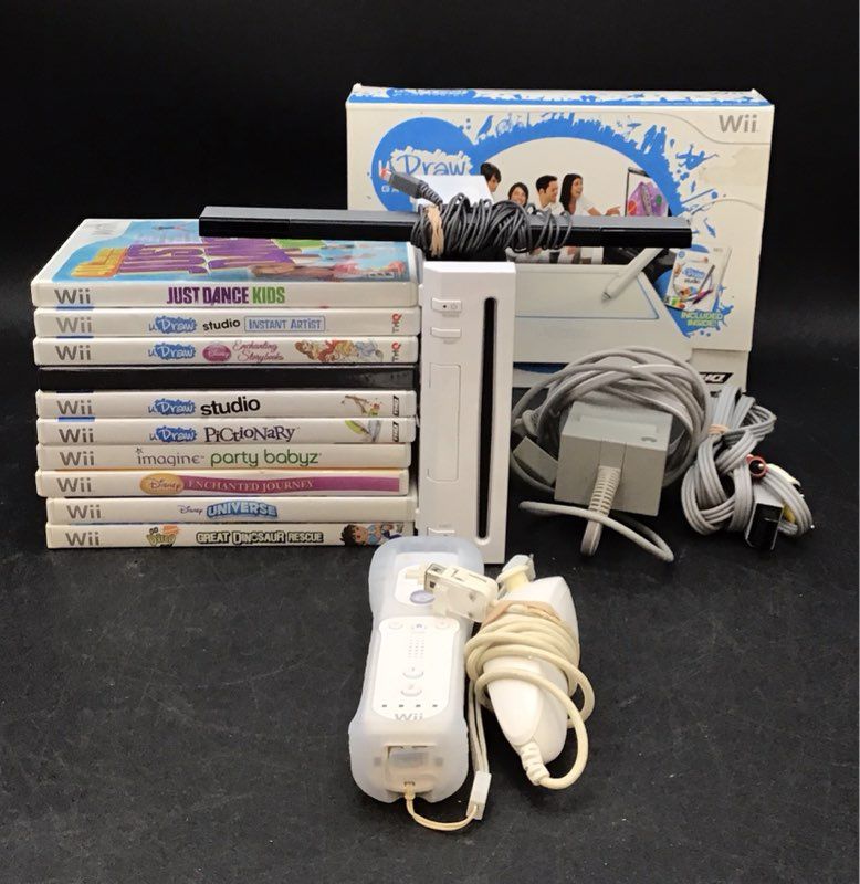 Nintendo Wii Console And Accessories Lot - Just Dance Kids, uDraw Studio & More