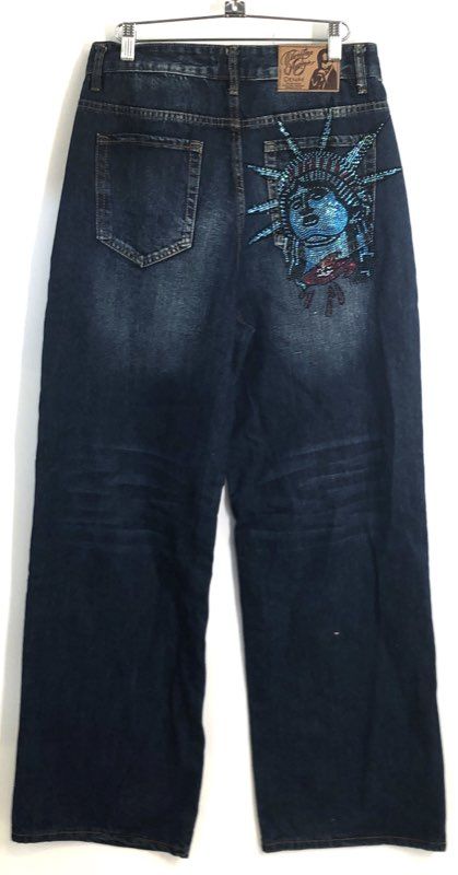 Christian Audigier Men's Dark Wash Liberty Head Rhinestone Wide Leg Jeans Size L