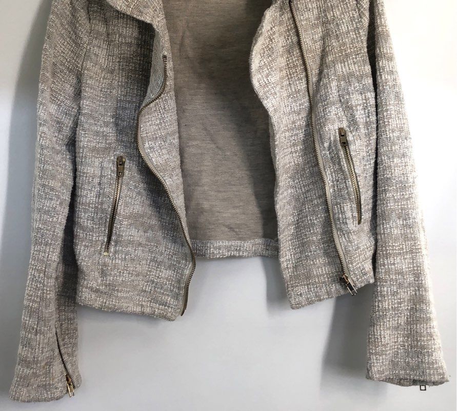 Cozy Fox Women's Asymmetrical Zip Moto Jacket Cream Textured Tweed Sz S
