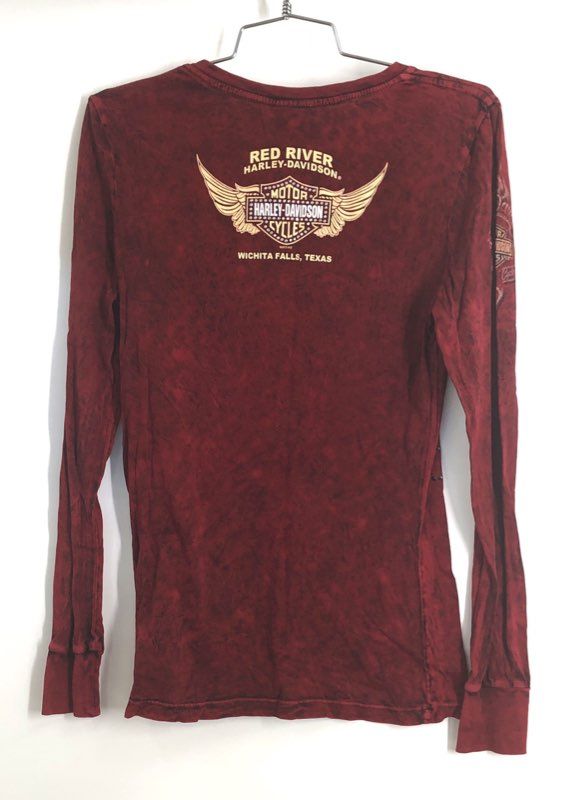 Harley-Davidson Red River Texas Studded V-Neck Long Sleeve Shirt Red Sz S