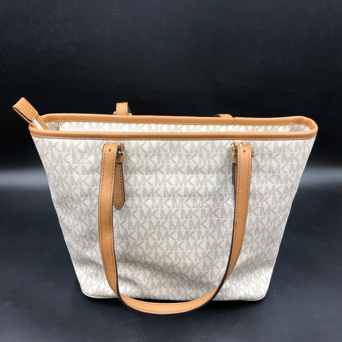 Michael Kors Ivory Brown Signature Logo Jet Set Tote Handbag COA