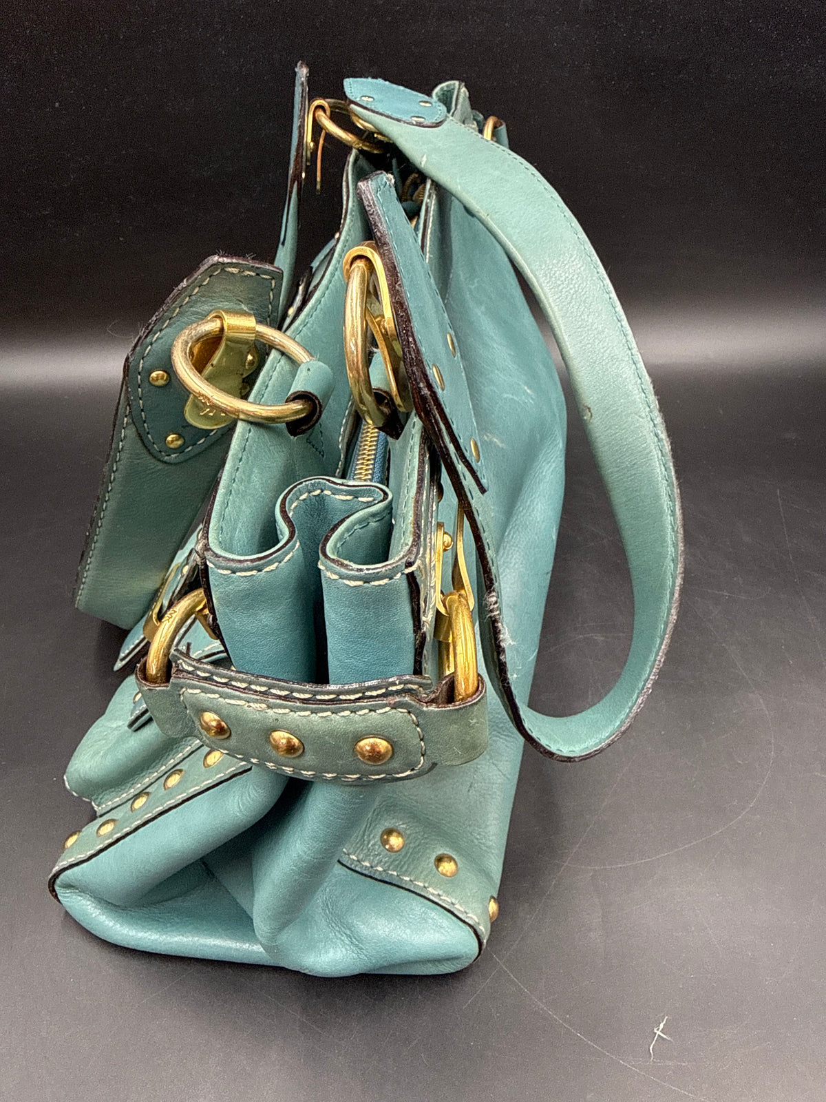 Michael Kors Blue Leather Studded Satchel Shoulder Bag Gold Hardware COA