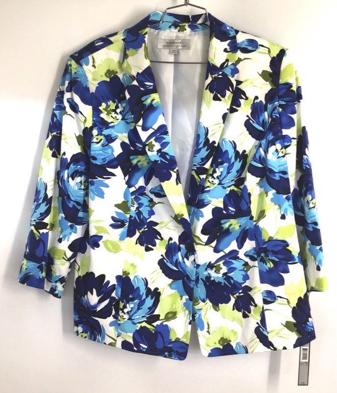 Tahari Arthur S. Levine Women's Dannie Floral Blazer Blue Green NWT Sz 16W