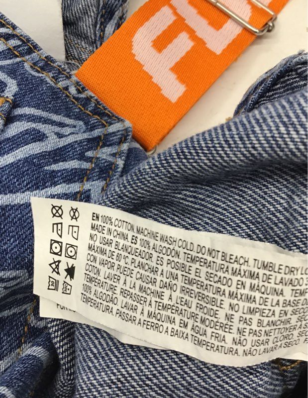 Forever 21 Women's Blue Denim All Over Print Script Logo Overalls Sz S