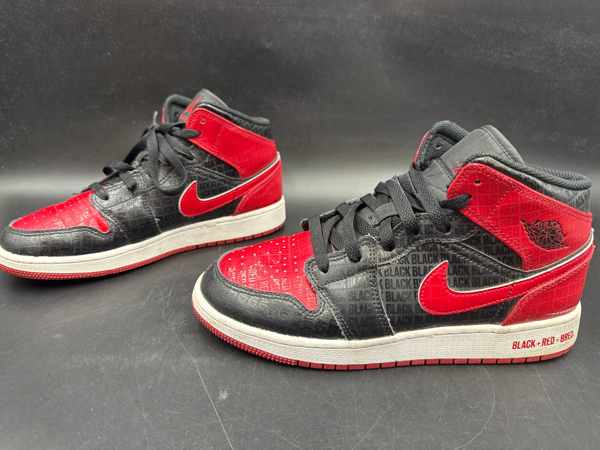 Nike Air Jordan 1 Mid Bred Text Black Red Youth Basketball Size 6.5Y COA