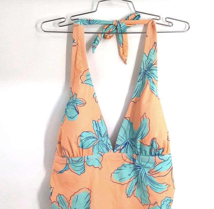 Cupshe Women's Peach Floral Tropical Halter V-Neck One Piece Swimsuit Sz 2X NWT
