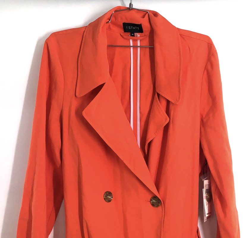 1.STATE Women's Papaya Orange Poetic Punch Belted Trench Coat Jacket Sz 10 NWT