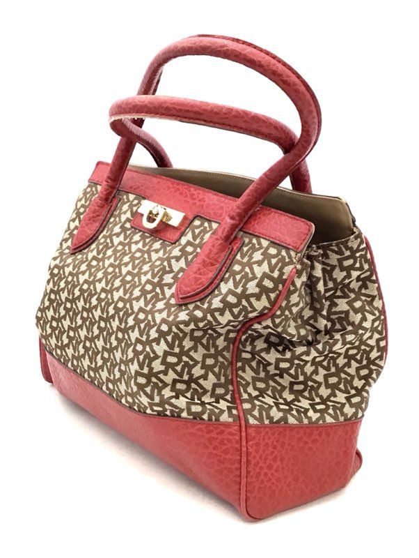 DKNY Tan Red Monogram Canvas Leather Tote Bag Gold Tone Hardware