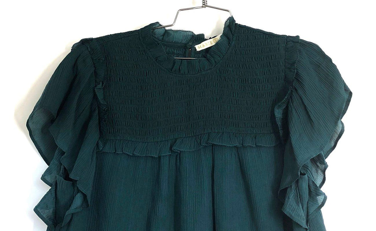 Marie Oliver Women's Sami Ruffle Blouse Lake Dark Green 100% Silk NWT Size M