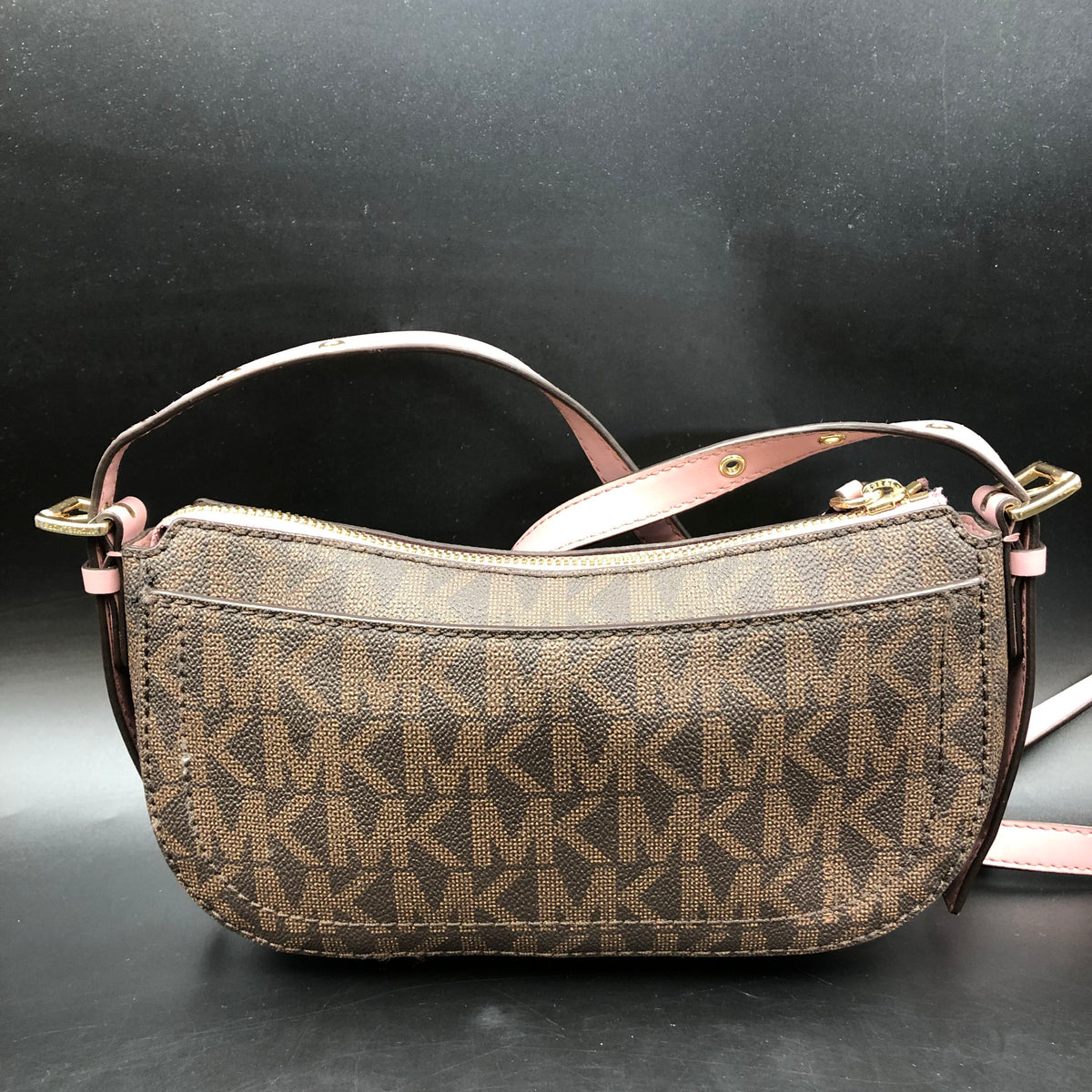 Michael Kors Brown Pink Jet Set Crescent Crossbody Bag Gold Hardware COA