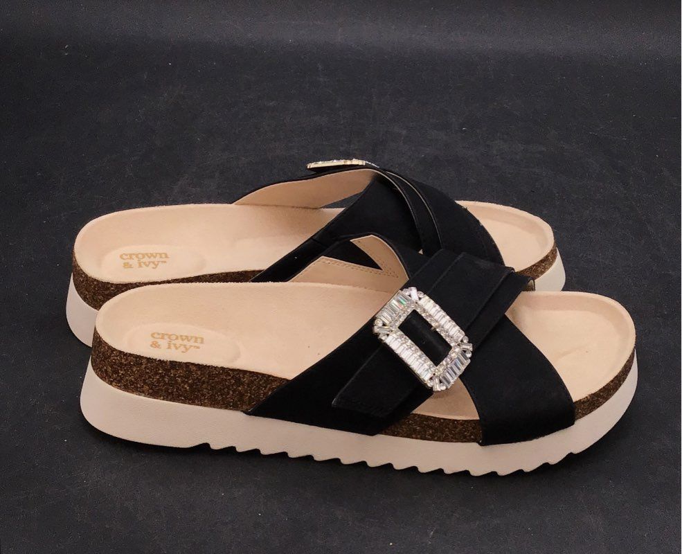 Crown & Ivy Indigo Black Jeweled Buckle Platform Slide Sandals New Womens Sze 10