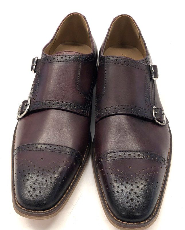 La Milano Men's Burgundy Burnished Double Monk Strap Brogue Dress Shoes Size 10
