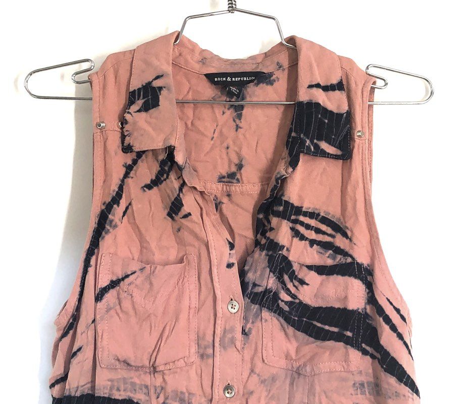 Rock & Republic Women's Pink Tie Dye Sleeveless Rayon Button Up Shirt Sz XS