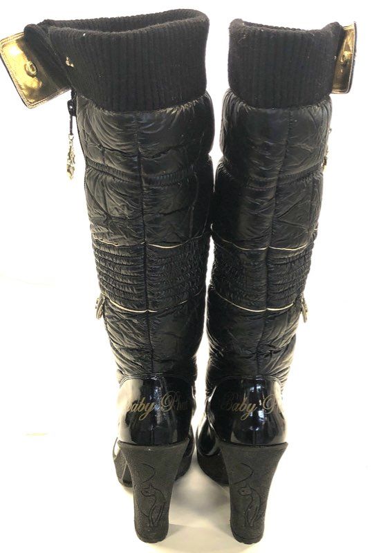 Vintage Y2K Baby Phat Black Quilted Puffer High Heel Knee High Boots Size 8