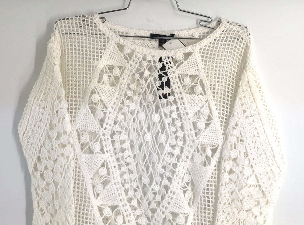 Ella Moss Women's White Open Knit Crochet Sweater Boho Long Sleeve Sz XS NWT