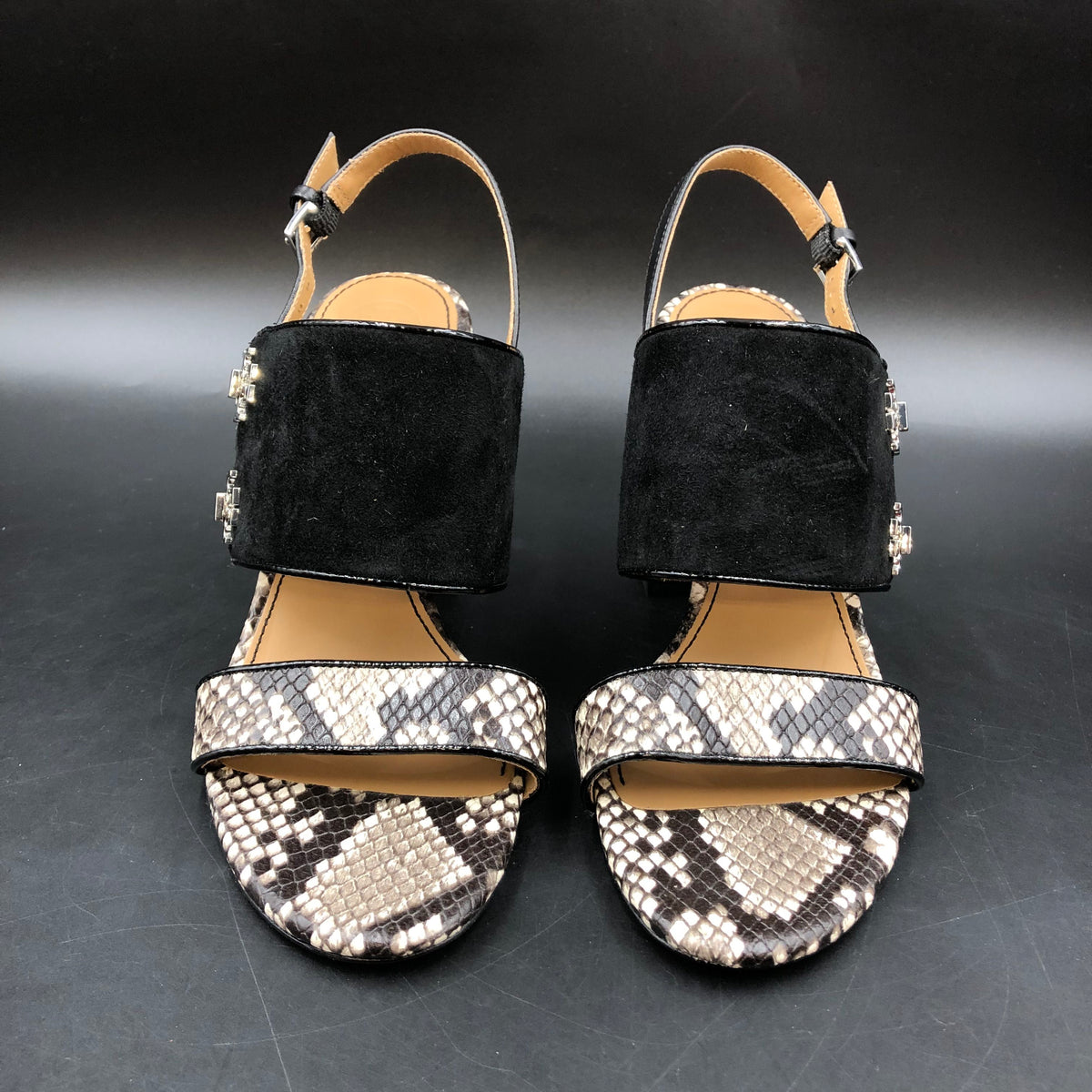 Tory Burch Black Suede Snakeskin Block Heel Sandals Size 7 COA