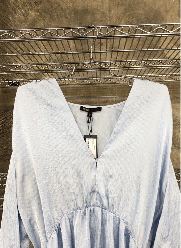 Maje Women's Oliver Jacquard V-Neck High Low Dress Light Blue NWT Sz 42