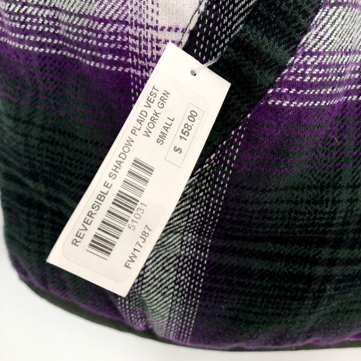 NWT Supreme Men&#39;s Purple/Olive Green Reversible Shadow Plaid Zip Vest - Size S