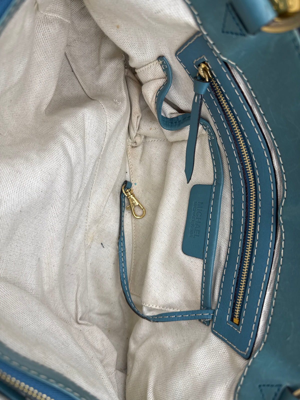 Michael Kors Blue Leather Studded Satchel Shoulder Bag Gold Hardware COA