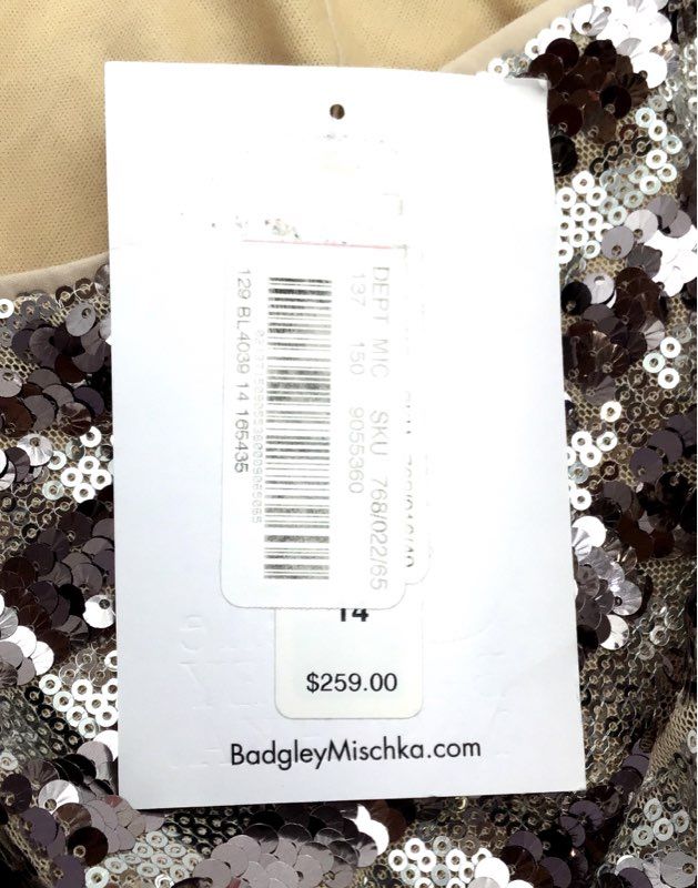 NWT Badgley Mischka Women&#39;s Silver One Shoulder Sequin Sheath Dress - Size 14