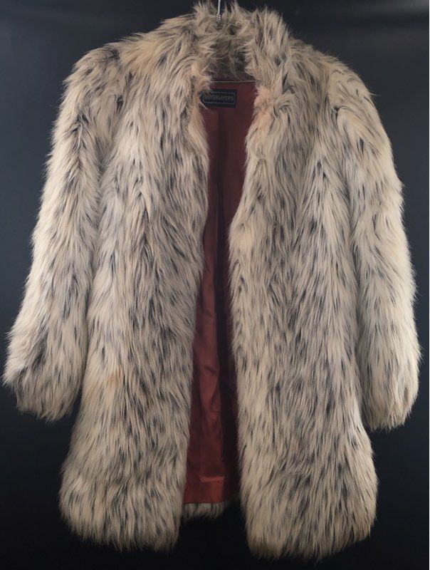 Vintage 80s Outerlayers Women's Cream Black Shag Faux Fur Coat Sz 11/12